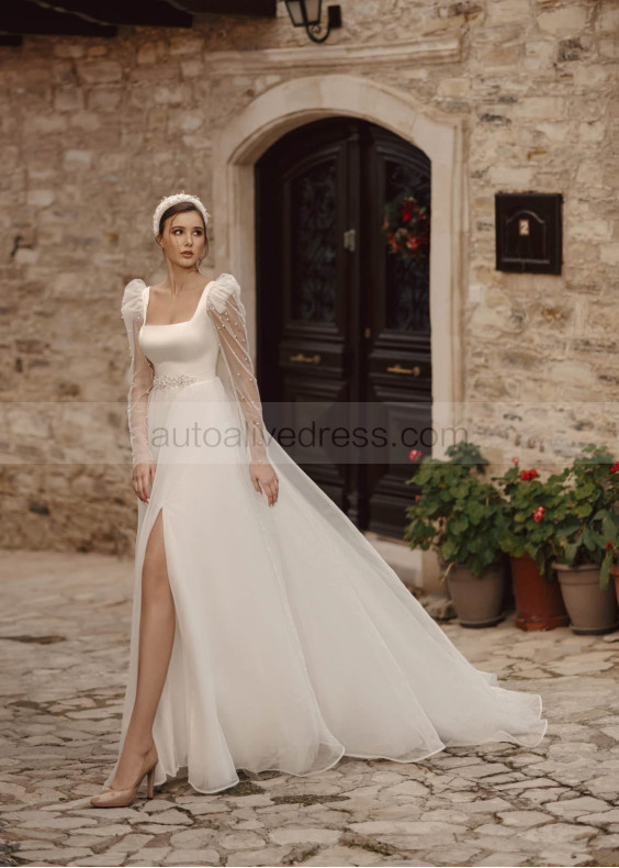 Square Neck Pearls Emebellished Ivory Satin Tulle Slit Wedding Dress